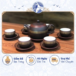 Bộ ấm chén hồng sa dáng nâu ganh nhã nhặn - Gốm sứ Bát Tràng chính hãng