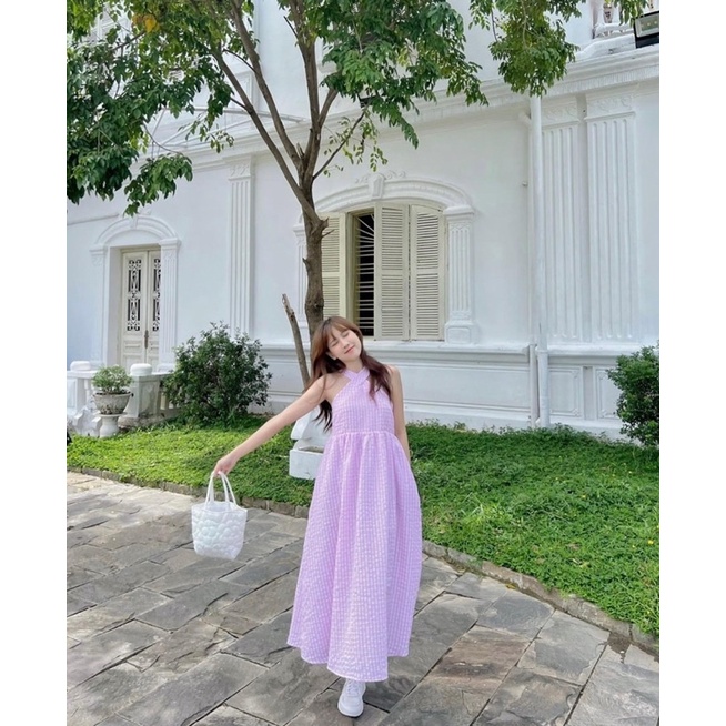 Váy đầm dài maxi cổ yếm xoè rộng caro màu tím pastel mộng mơ trẻ trung