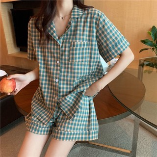 Set đồ ngủ pyjama đùi caro xanh basic Hàn Quốc