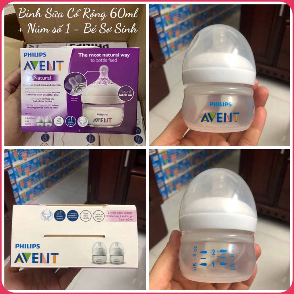 ❤  Bình Sữa Cổ Rộng Philips Avent Natural 60ml Núm số 1 cho bé sơ sinh Nhập Mỹ chuẩn xịn