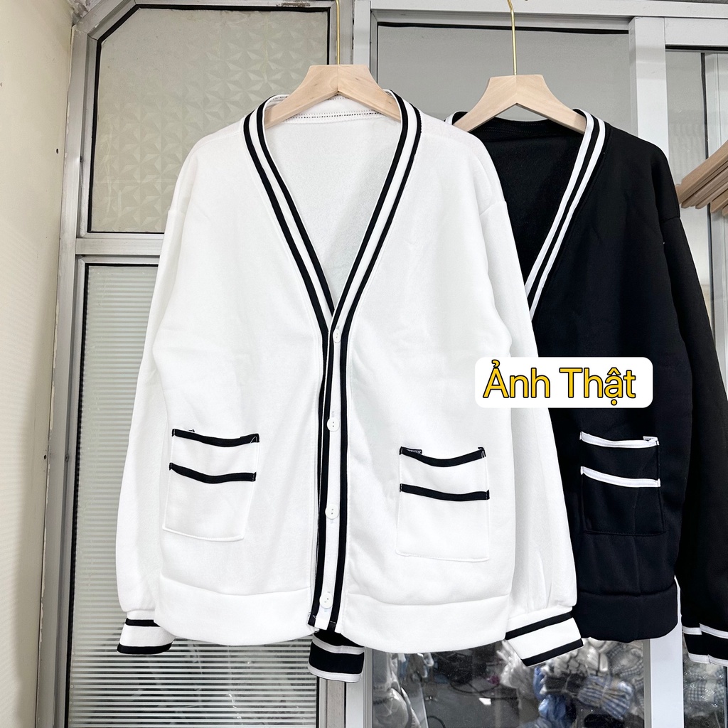 ÁO CARDIGAN, ÁO KHOÁC Nữ Form Rộng  Viền Túi Đen Trắng