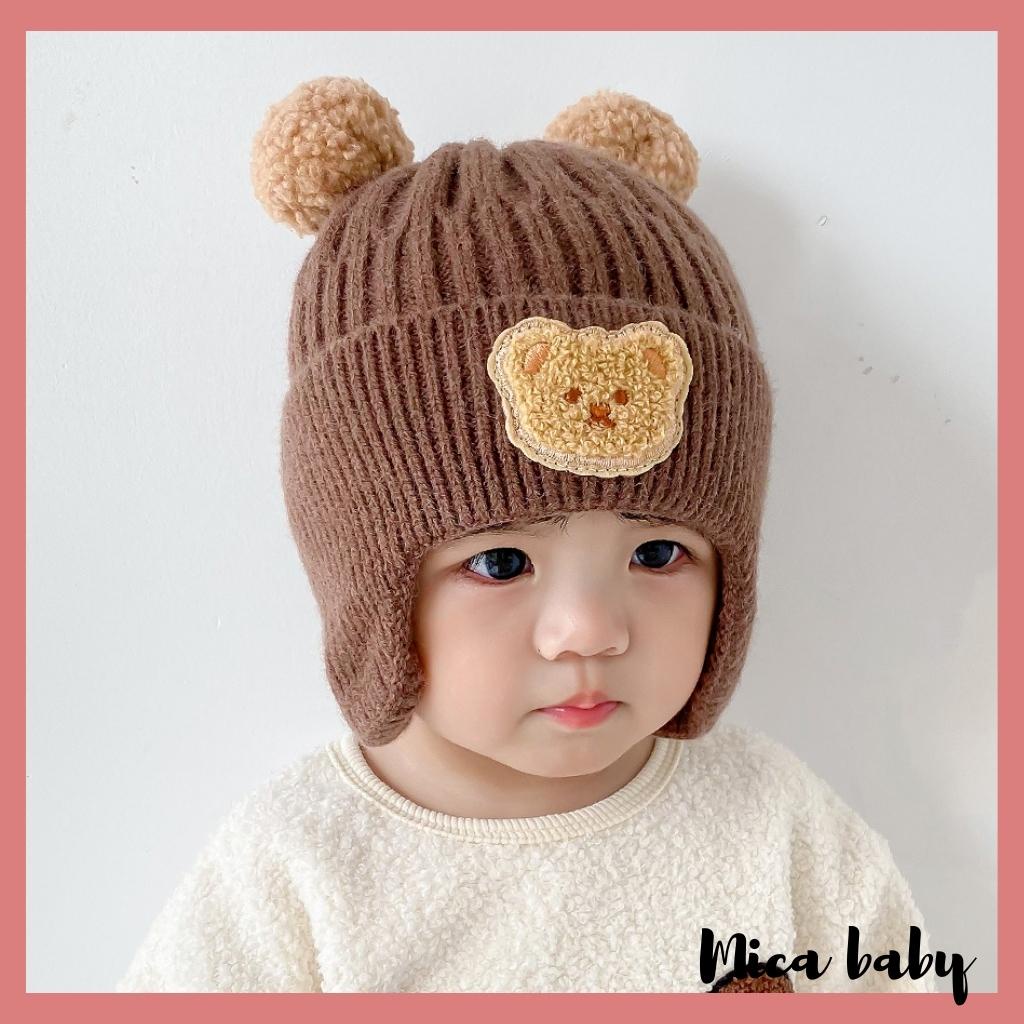 Mũ len bịt tai cục bông đính gấu dễ thương cho bé ML214 Mica baby