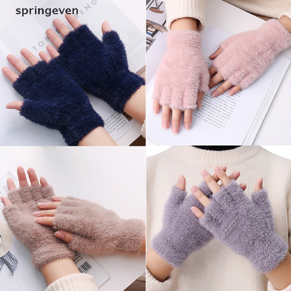 Găng Tay Hở Ngón Vải Lông Chồn Giả Màu Trơn Giữ Ấm Mùa Đông
