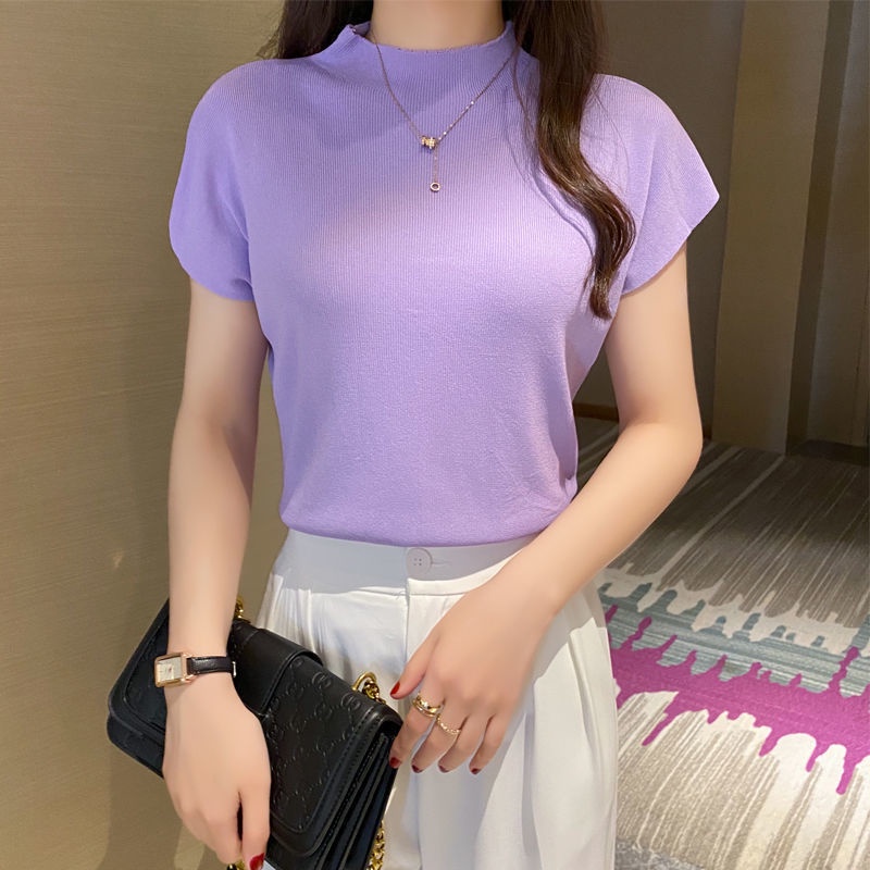 [Giao Ngay] Áo Dệt Kim Ngắn Tay Cổ Lọ Dáng Ôm Thời Trang Xuân Hè Phong Cách Mới Cho Nữ