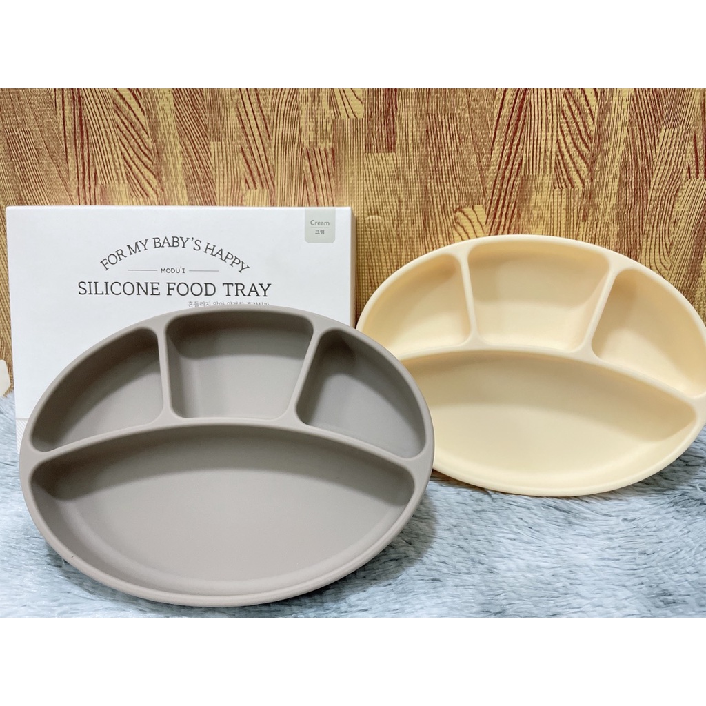 (Đủ màu) Khay ăn dặm/ Nắp đậy khay Silicon Bluemama Modui 4 ngăn có đề hít chống đổ Made In Korea cho bé từ 6 tháng tuổi