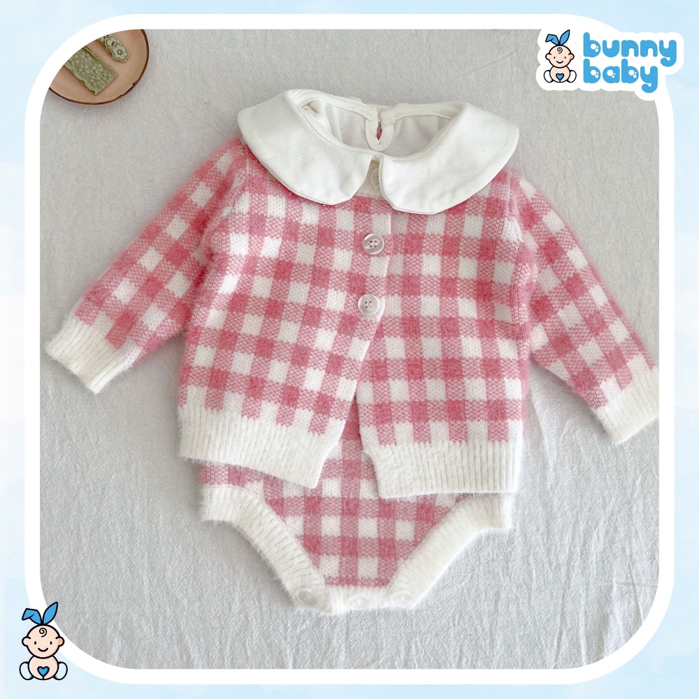 Set Yếm Len Kèm Áo Khoác Cardigan Hồng phấn Giữ Ấm Mùa Lạnh | NOEL COLLECTION | Size 66-80