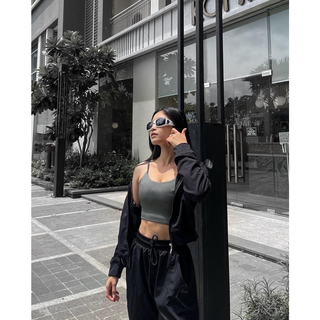 Bộ đồ tập gym Fitme áo bra thể thao nữ Lota màu Xanh rêu, quần jogger microfiber màu Đen