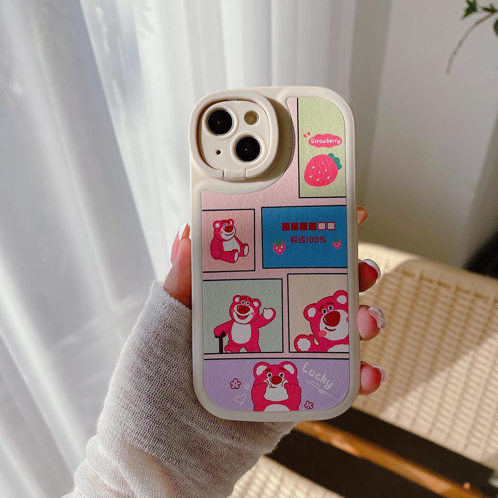Ốp Điện Thoại Da Họa Tiết Gấu Dâu Tây Kèm Giá Đỡ Cho IPhone 14promax 14 13promax 13 12 11
