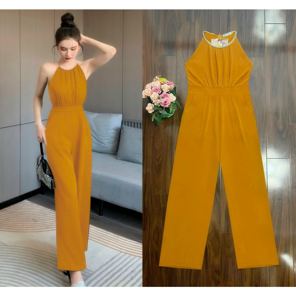 Jumpsuit dài ống suông cổ yếm phối xích dây kéo lưng xinh xắn dáng dài TJ1202 | BigBuy360 - bigbuy360.vn