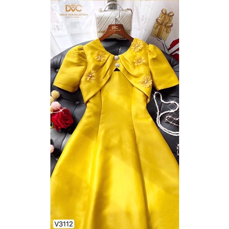 V3112 váy xoè màu vàng dính hoa