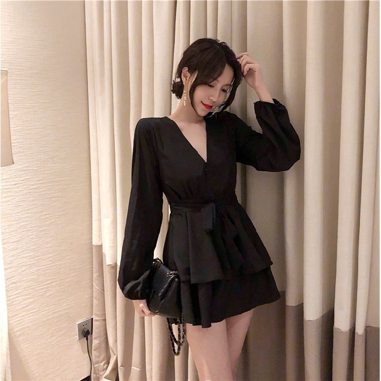 H.A.N STORE  H.A.N STORE  Váy Xòe Thắt Eo Đen Đỏ ⚡️ẢNH THẬT⚡️ Đầm Cotton Dài Tay Dáng Xinh