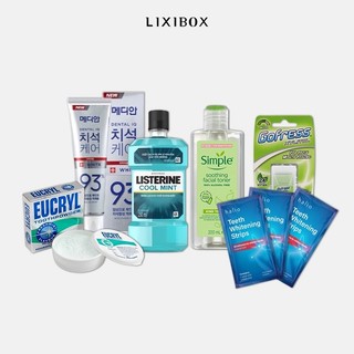 Combo bột đánh răng, kem đánh răng, nước súc miệng, kẹo lá,toner simple, miếng dán trắng răng