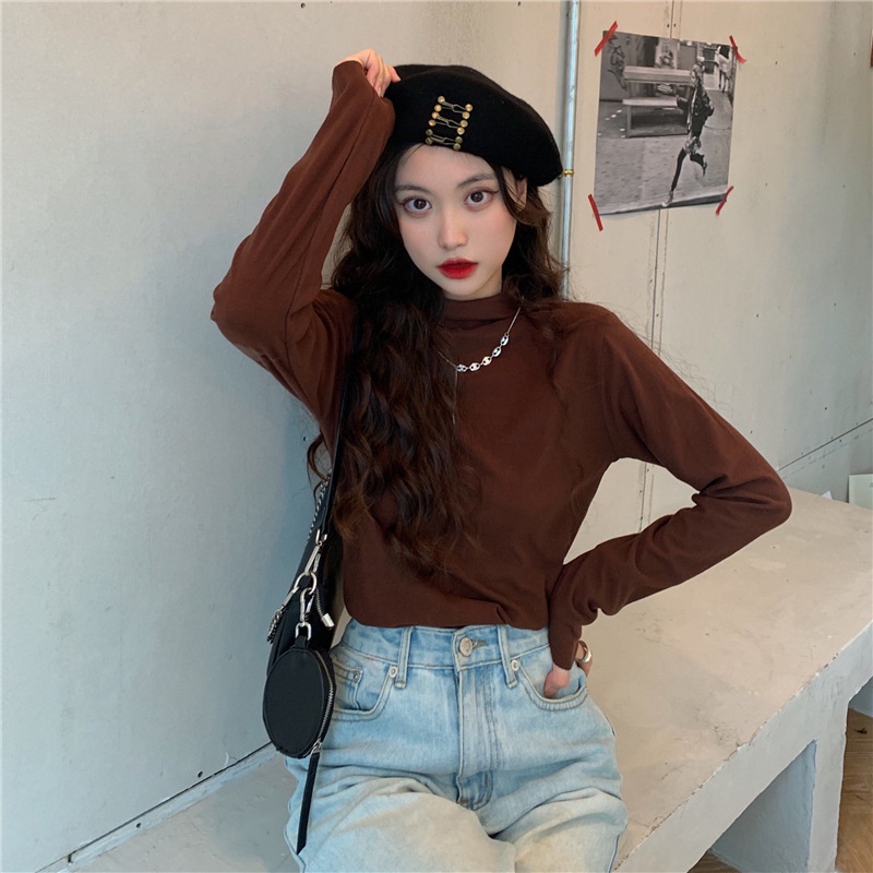 IELGY IELGY Áo Thun Nữ Dài Tay Cổ Lọ Màu Sắc Đơn Giản Phong Cách Hong Kong