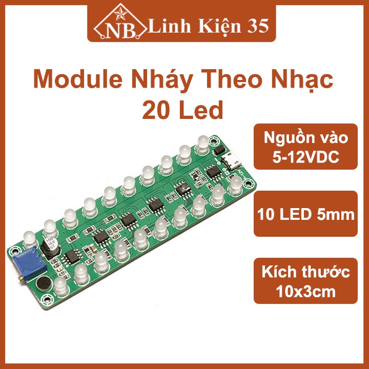 Mạch module nháy theo nhạc 20 Led cảm biến âm thanh, dài đèn xanh lá - xanh dương - đỏ