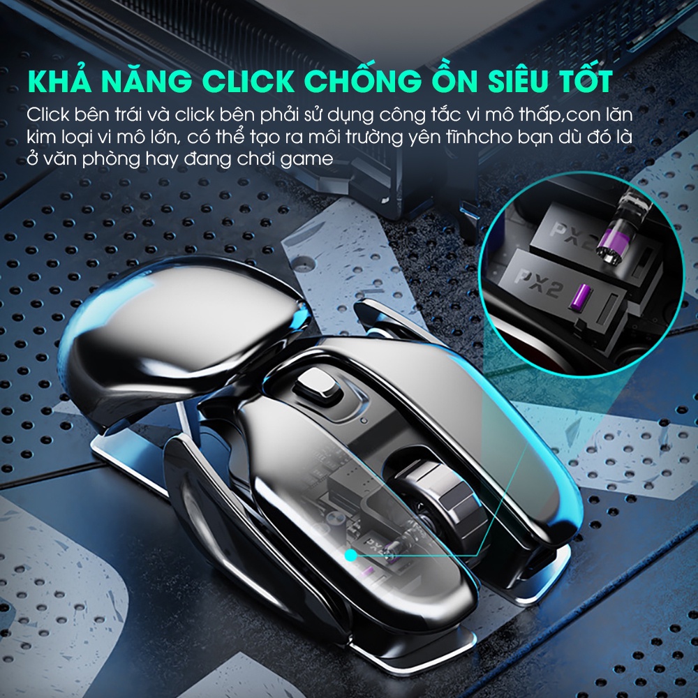 Chuột máy tính không dây SIDOTECH PX2 gaming pin sạc thiết kế tương lai click tắt âm chống ồn chơi game cho laptop pc