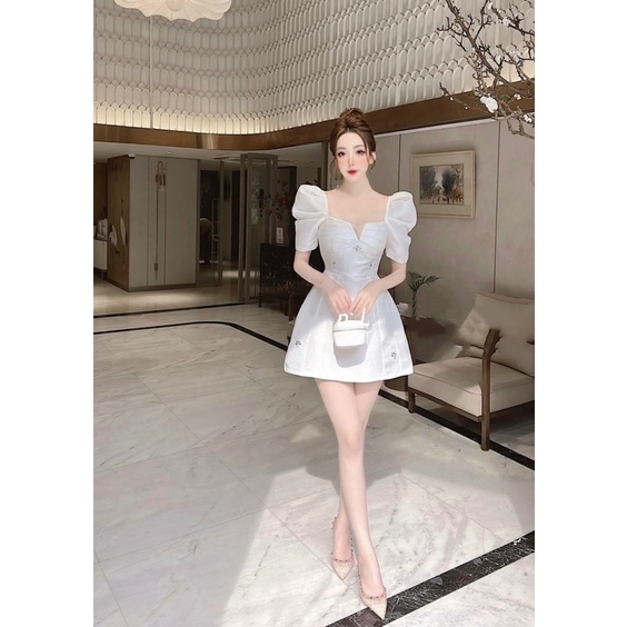 Đầm váy tafta nhũ đính nơ xoè tay phồng/bồng cúp ngực thời trang hot girl thiết kế tiểu thư sang trọng công chúa dự tiệc