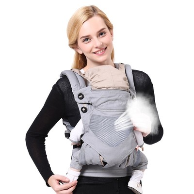 Địu em bé trợ lực 4 tư thế KidAndMom KW360/KWKNM thoáng khí có đỡ đầu đỡ cổ mũ trùm đầu cho bé