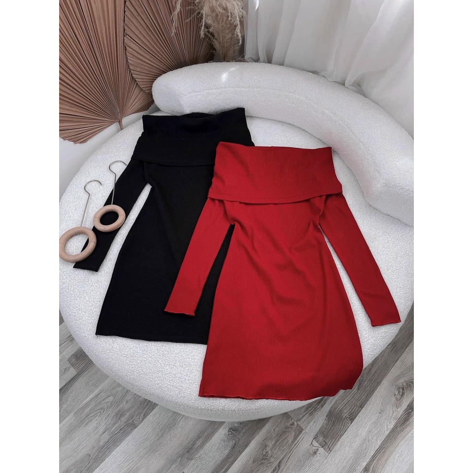 Đầm ôm body tay dài trễ vai màu đỏ đen diện noel/Tết NÀNG CLOSET