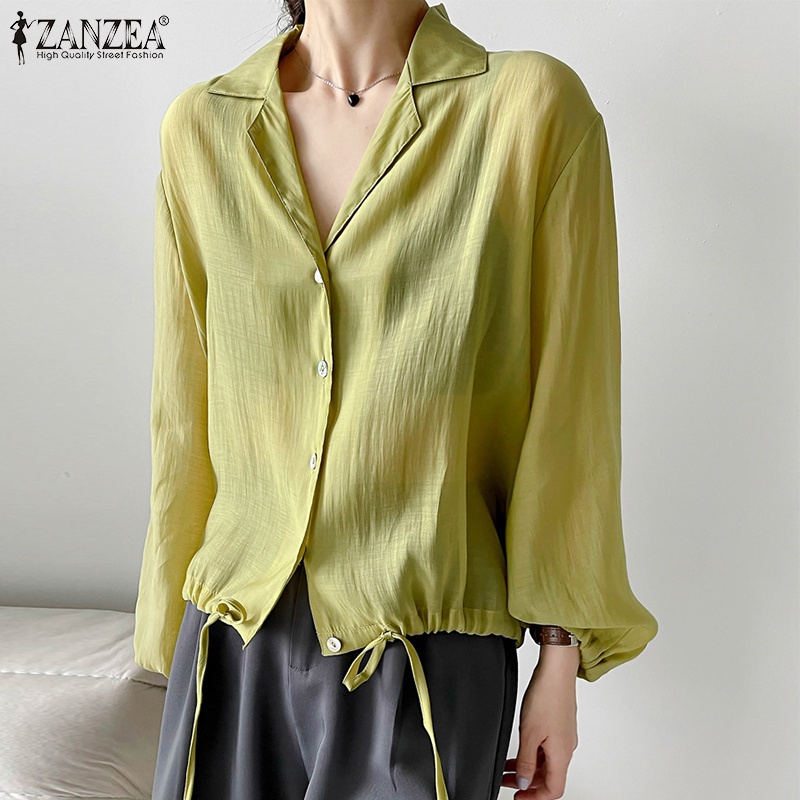 Áo sơ mi ZANZEA tay dài cổ bẻ thiết kế dây rút phong cách Hàn Quốc thời trang cho nữ
