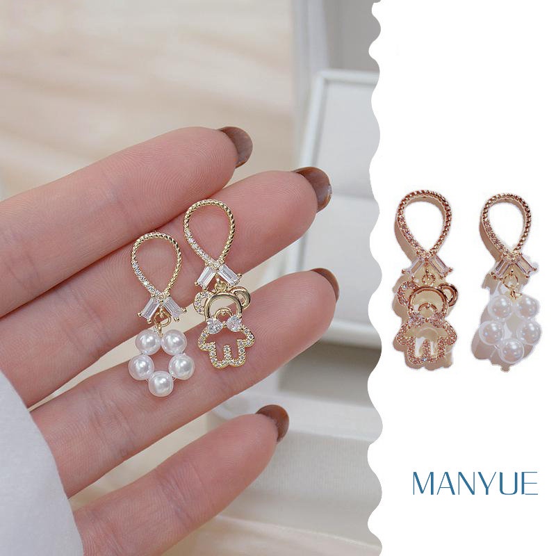 MANYUE Khuyên tai mạ kim bạc 925 hình chú gấu đính ngọc trai nhân tạo xinh xắn
