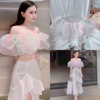 Áo trễ vai croptop tay bồng phối voan màu cầu vồng siêu xinh kèm hình thật và video