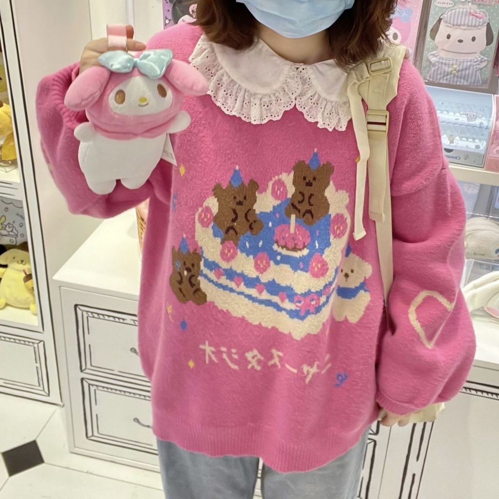 Áo Sweater Dệt Kim Dày Dặn Dáng Rộng Dễ Thương Xinh Xắn Cho Nữ