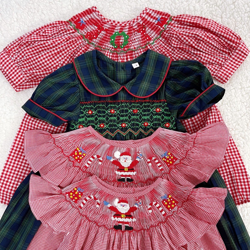 Váy Đầm Bé Gái SMOCK CÔ NẮNG Đỏ Kẻ Caro Tay Cánh Tiên Ông Già Tuyết Noel Dễ Thương