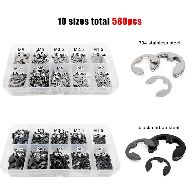 Set 580 Vòng Đệm Hình Chữ E 1.5mm-10mm Bằng Thép Mangan Chuyên Dụng