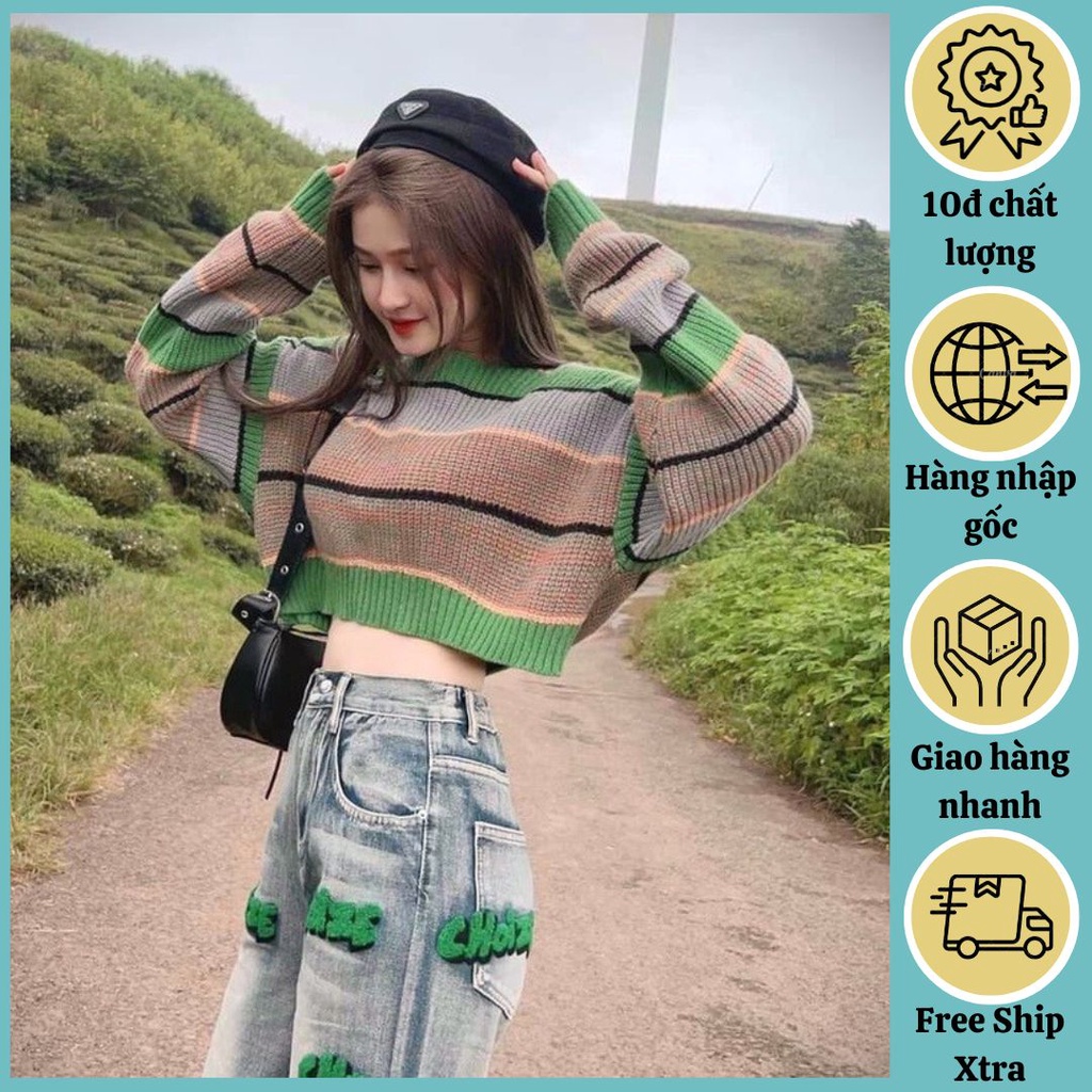 Áo len nữ Montoghi dệt kim cổ tròn TAY DÀI dáng CROPTOP kẻ sọc xanh phong cách Hàn Quốc cá tính