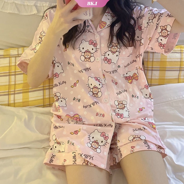 SANRIO Bộ Đồ Ngủ Ngắn Tay In Hoạt Hình Hello Kitty Dễ Thương Thời Trang Mùa Hè Cho Nữ