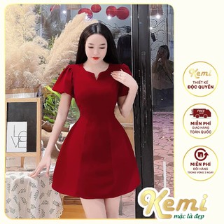Váy nữ dáng xòe chữ A cổ tim chất liệu Nhung Kemi cao cấp đầm đỏ dạo phố dự tiệc