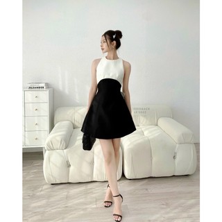 M071-Đầm đen trắng nơ sau lưng