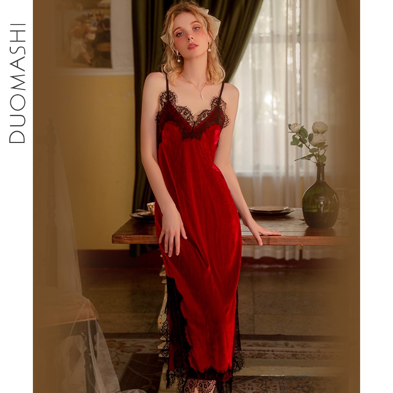 Bộ pyjama sexy mùa thu và mùa đông vui nhung dây nịt pyjama ngủ ngủ dài dài dài mở trên cả hai bên áo choàng ngủ trang phục