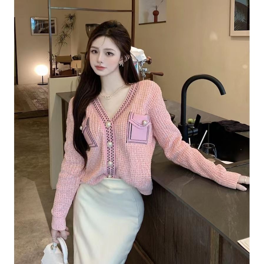 Áo Khoác Cardigan Dệt Kim Cổ Chữ V Cài Nút Ngọc Trai Cao Cấp Phong Cách Pháp Thời Trang Cho Nữ
