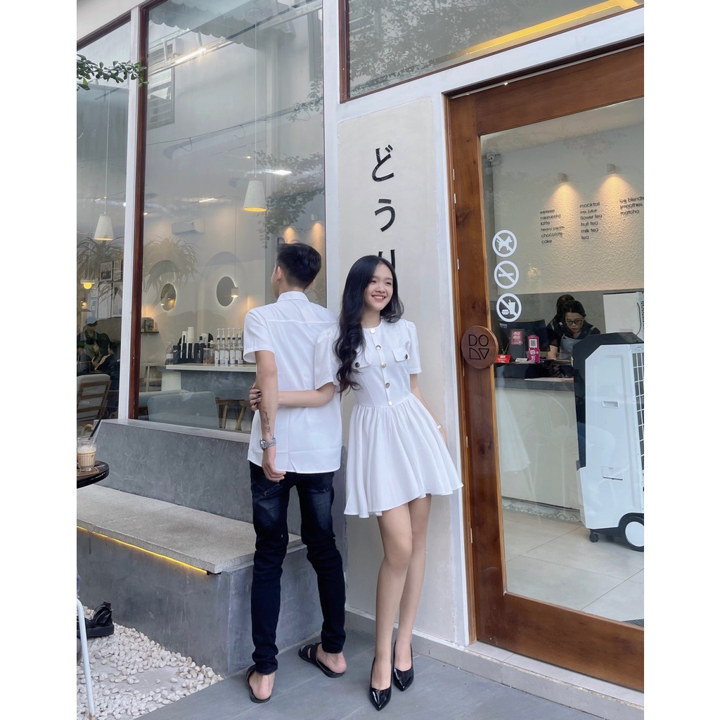 Set đồ đôi trắng full áo nam + váy nữ sang chảnh
