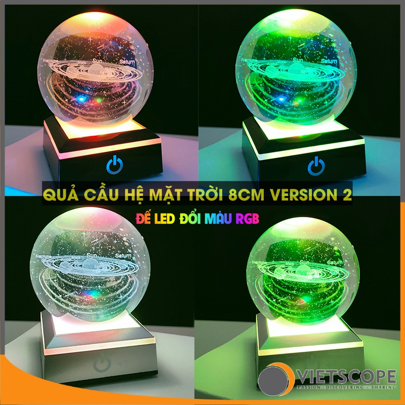 Quả cầu thủy tinh Hệ mặt trời Version 2 - Solar Crystal Ball 8cm kèm đế đèn LED RGB tự đổi màu cực đẹp