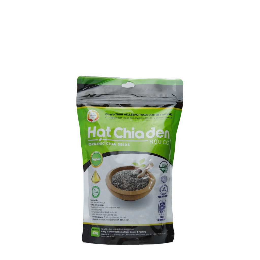 Hạt Chia Hữu Cơ Wellbeing / Bao bì xanh / Hạt Chia Hữu Cơ 100% chất lượng siêu sạch đen đẹp