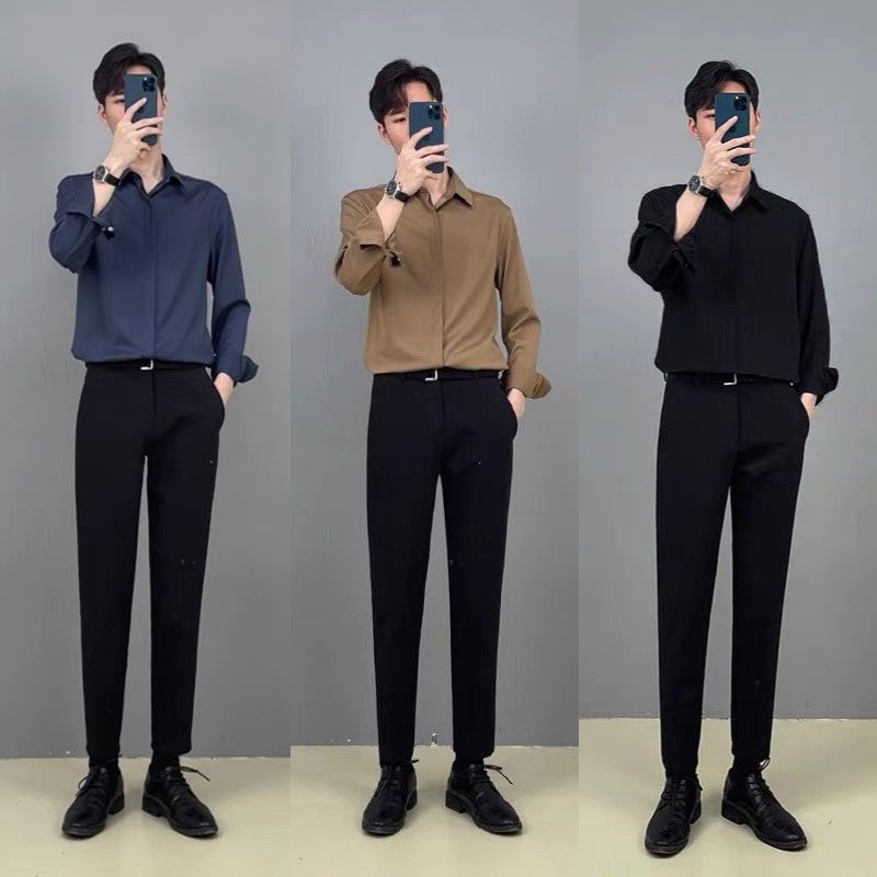 quần âu tây nam đen kèm dây lưng vài , kiểu mới hàn quốc công sở cao cấp - dáng ôm body co giãn nhẹ
