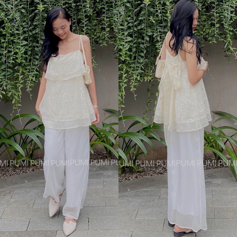 Set áo 2s kem ren cột nơ lưng kèm quần ống rộng trắng suông 2 lớp freesize Pumi