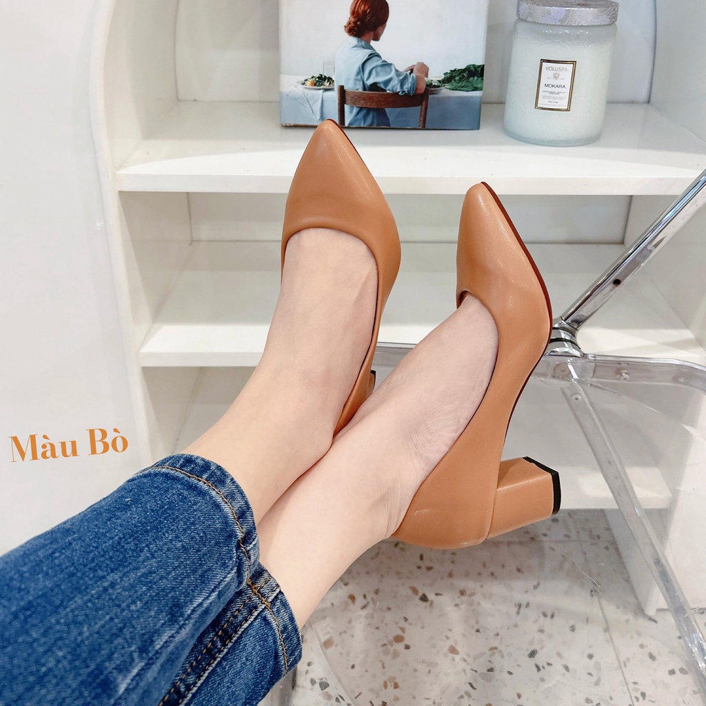 Giày Cao Gót Trơn mũi nhọn cao 5P chất da mờ lì Giày Bánh Bèo mã THO2