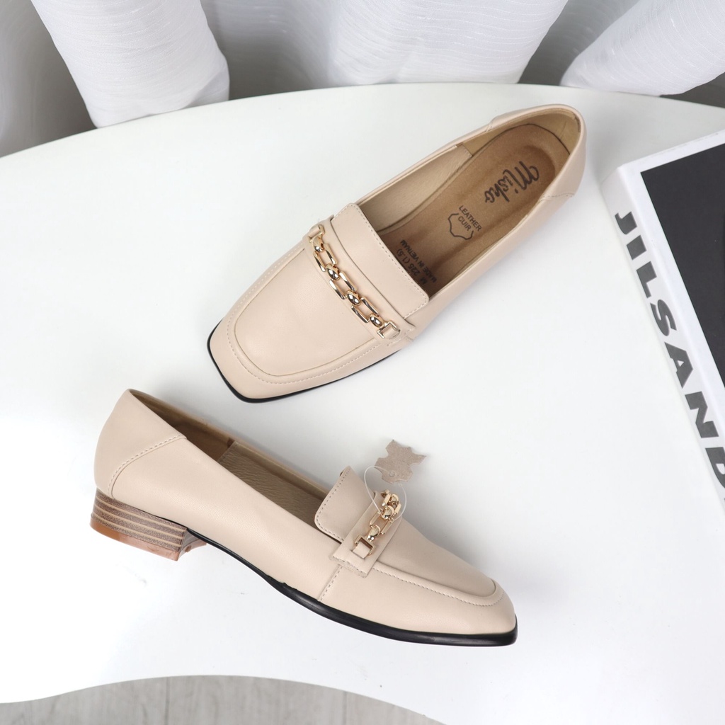 Giày loafer nữ thời trang phối quai xích gót đế vuông giả gỗ cao 3cm đi học đi chơi đi làm Cillie 1046