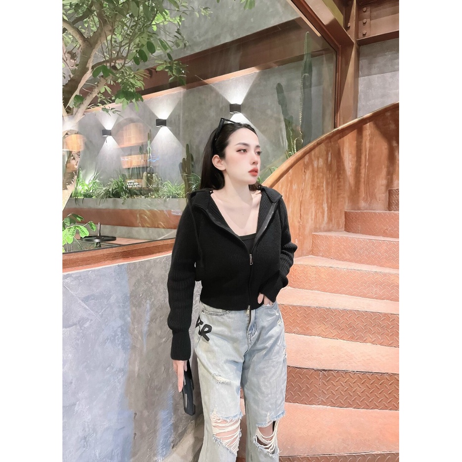 Cardigan Nữ Có Mũ, Áo Khoác Len Kéo Khoá Hàng Quảng Châu