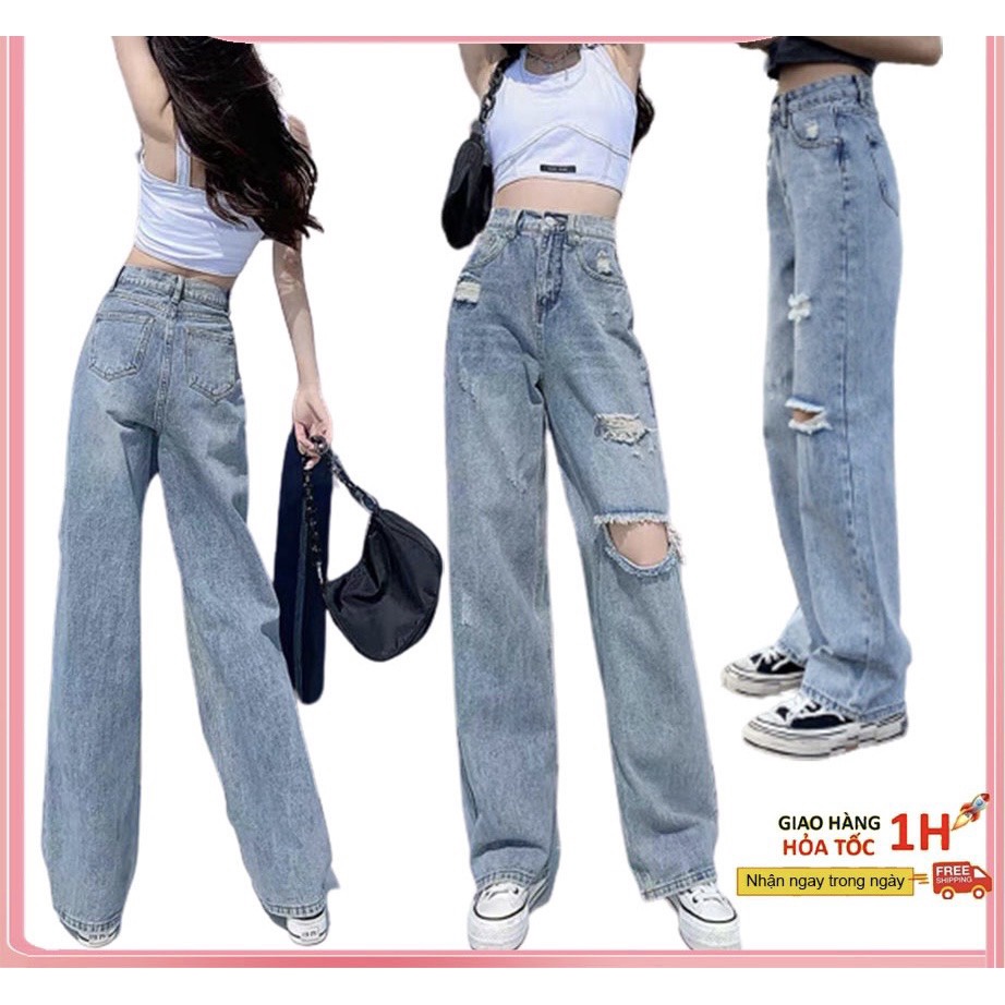 Quần Jean nữ cạp cao rách gối,quần bò dáng suông ống rộng ulzzang không co giãn [mã 02]