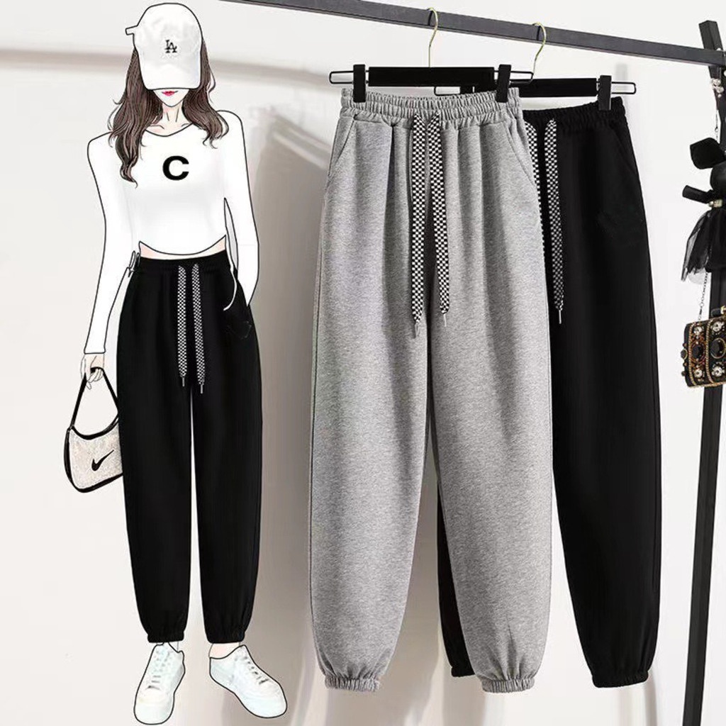 Quần jogger ống rộng nữ vải thun da cá bo gấu cạp cao dây rút kẻ caro Geleva GE976