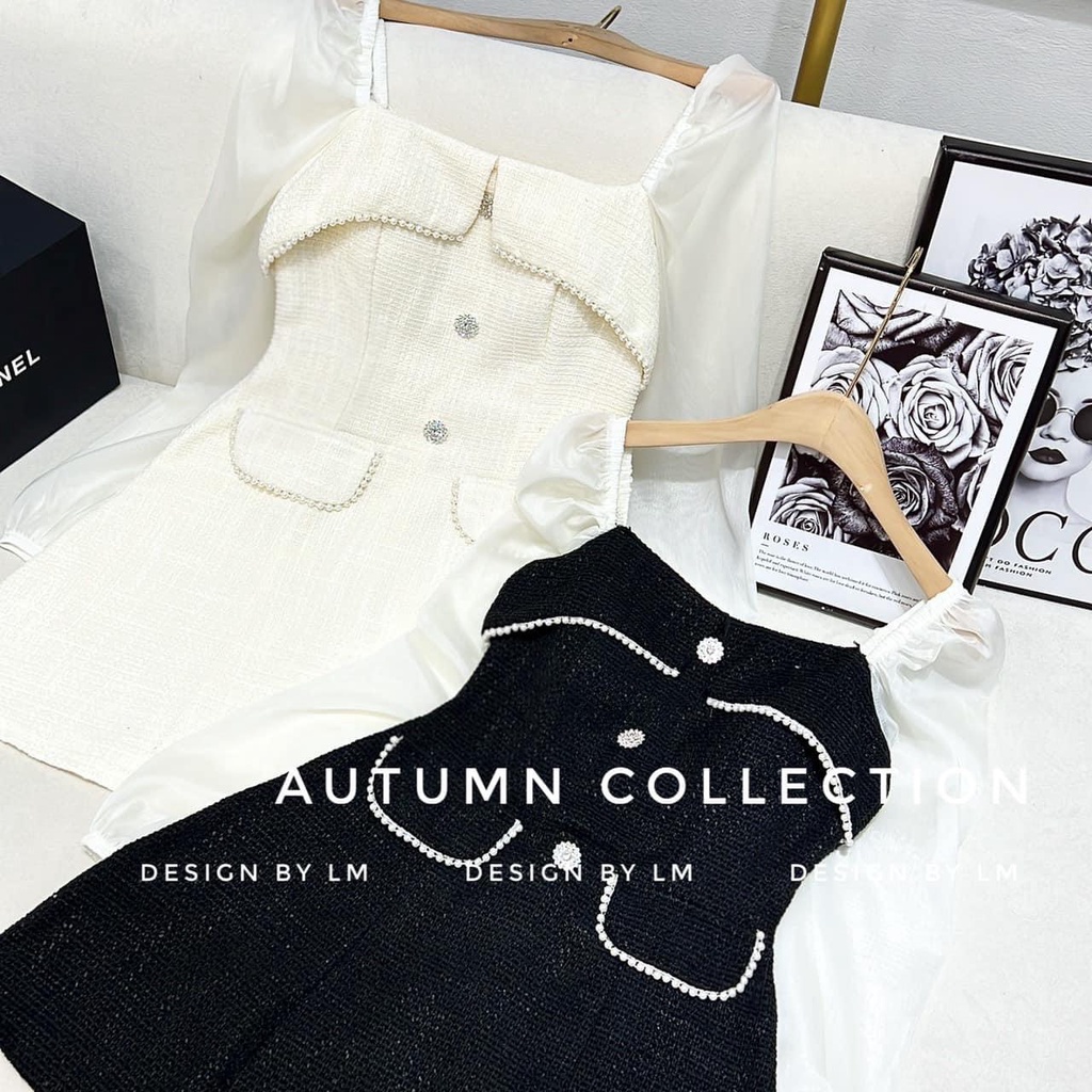 Đầm dự tiệc - Set váy dạ nữ tay voan bồng - Váy chữ A siêu sang