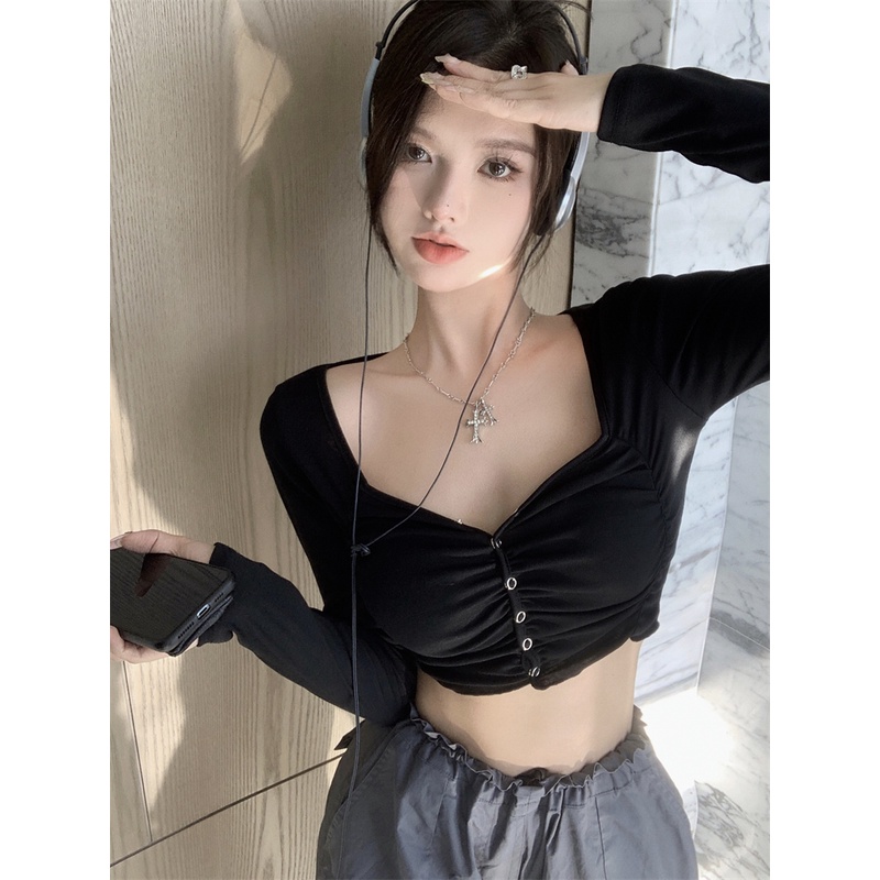 Áo Thun Tay Dài Xếp Ly Thời Trang Hàn Quốc