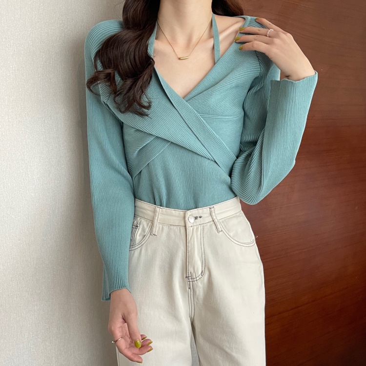 SUXI Áo Dệt Kim Hai Dây Cổ Chữ V Màu Sắc Trơn Thời Trang Mùa Thu Dành Cho Nữ