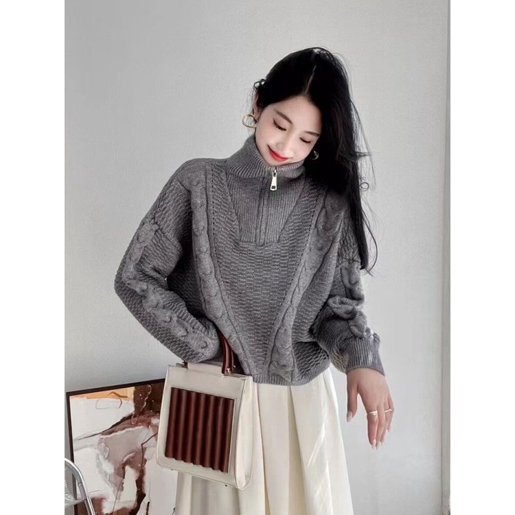 Áo len ZHELIHANGFEI dệt kim tay dài dáng rộng cổ đứng phối khóa kéo cá tính cho nữ