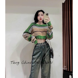 Áo Len kẻ xanh dáng croptop