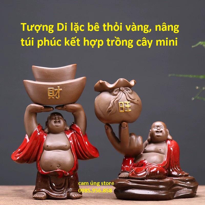 Tượng Di Lặc hoan hỉ bê thỏi vàng, túi phúc kết hợp trồng cây- Tượng phật di lặc trồng cây để bàn trang trí decor